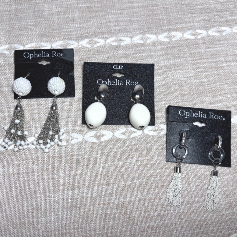 Ophelia Roe White Silver Tone Earring Bundle Tassel Beaded Clip On Post 3 Pairs